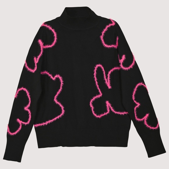Sweaters - Modest Black Pink Flower Embroidered Mohair Design Mockneck Long-Sleeve Sweater